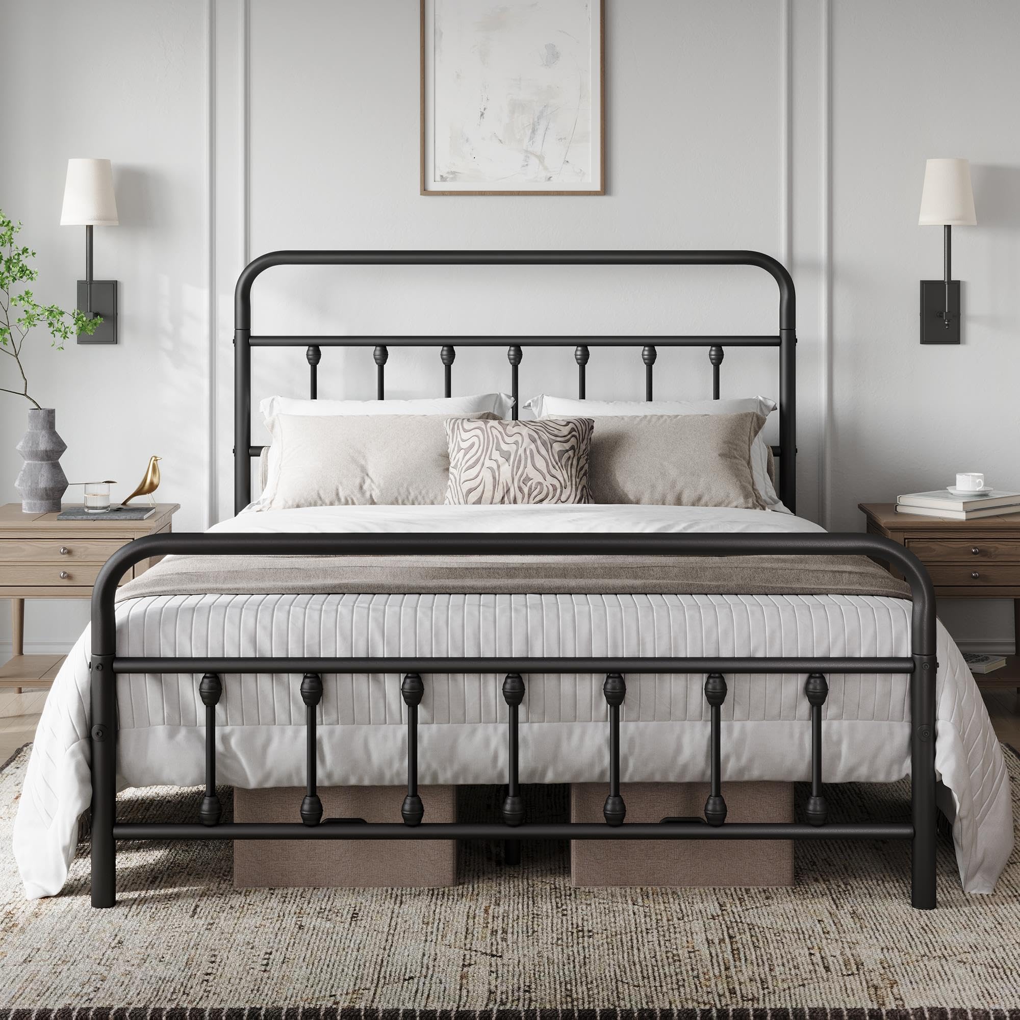 Yaheetech Queen Size Metal Platform Bed Frame, Farmhouse Style, Durable with High Headboard, Easy Assembly