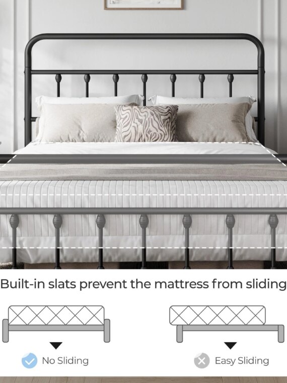 Yaheetech Queen Size Metal Platform Bed Frame, Farmhouse Style, Durable with High Headboard, Easy Assembly