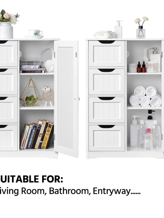 Yaheetech Wooden Bathroom Storage Cabinet with Drawers & Adjustable Shelf, Waterproof MDF, White