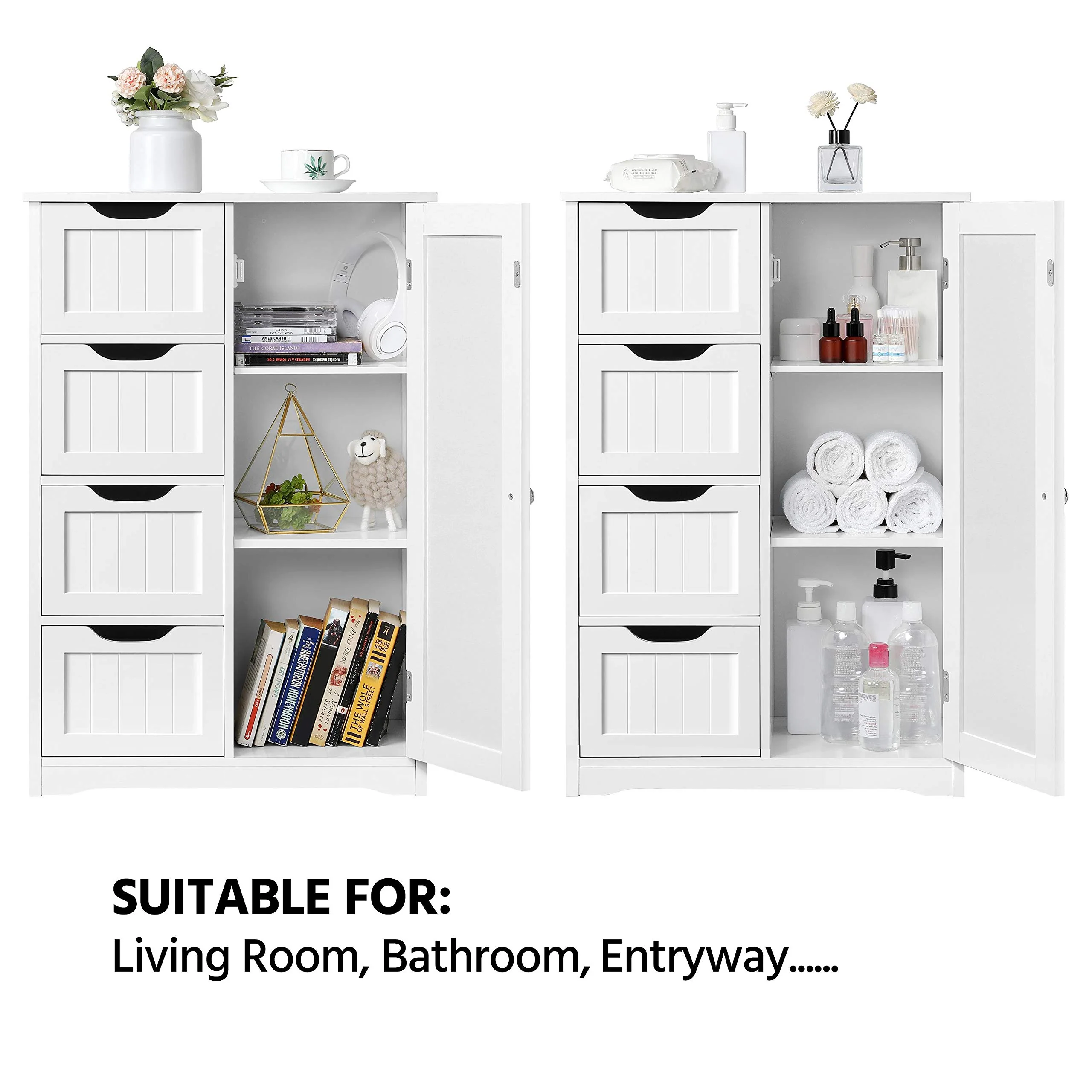 Yaheetech Wooden Bathroom Storage Cabinet with Drawers & Adjustable Shelf, Waterproof MDF, White