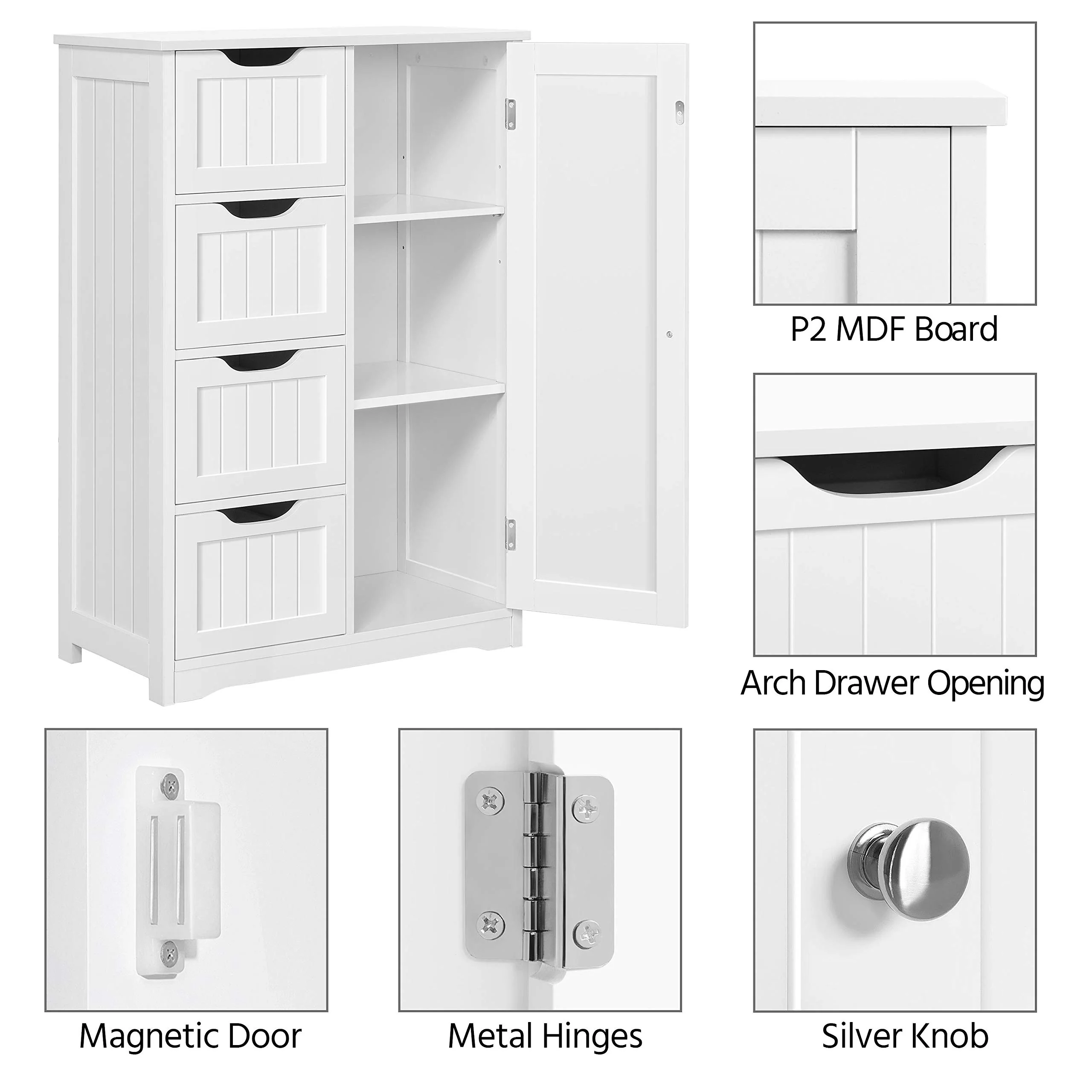 Yaheetech Wooden Bathroom Storage Cabinet with Drawers & Adjustable Shelf, Waterproof MDF, White