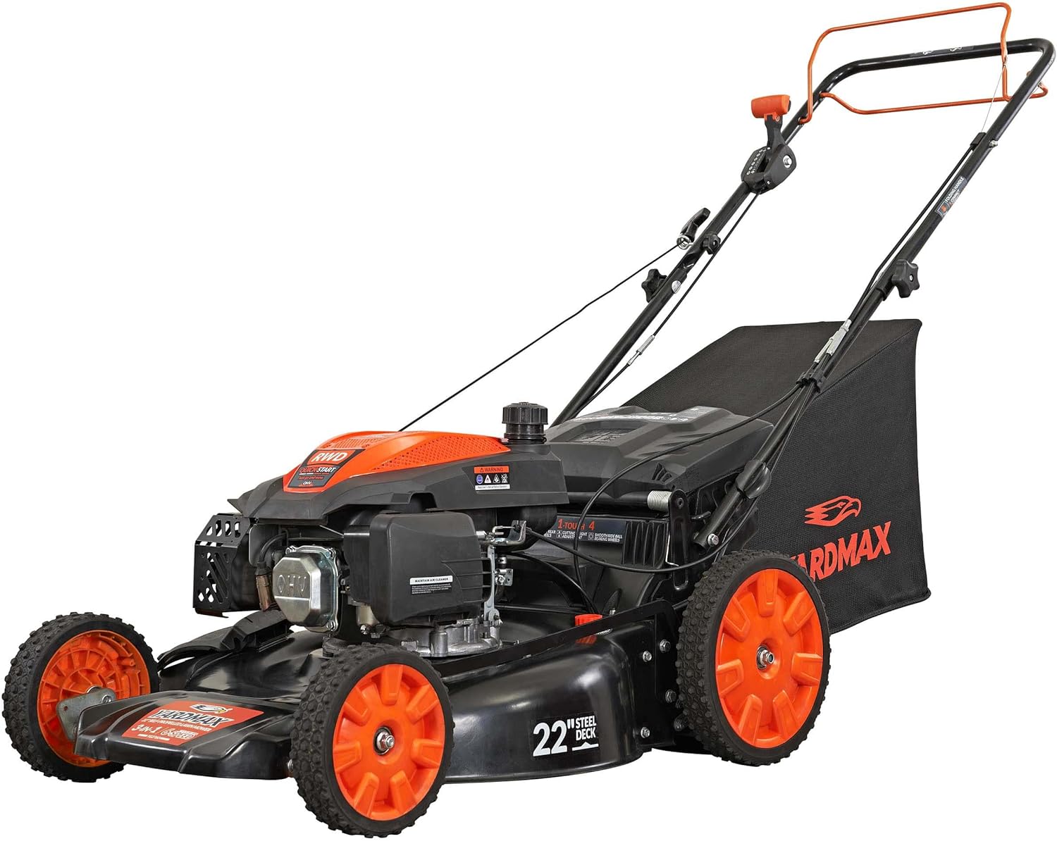 YARDMAX 22" 201cc Gas Self Propelled Lawn Mower, 6-Speed CVT, High Wheel, Black