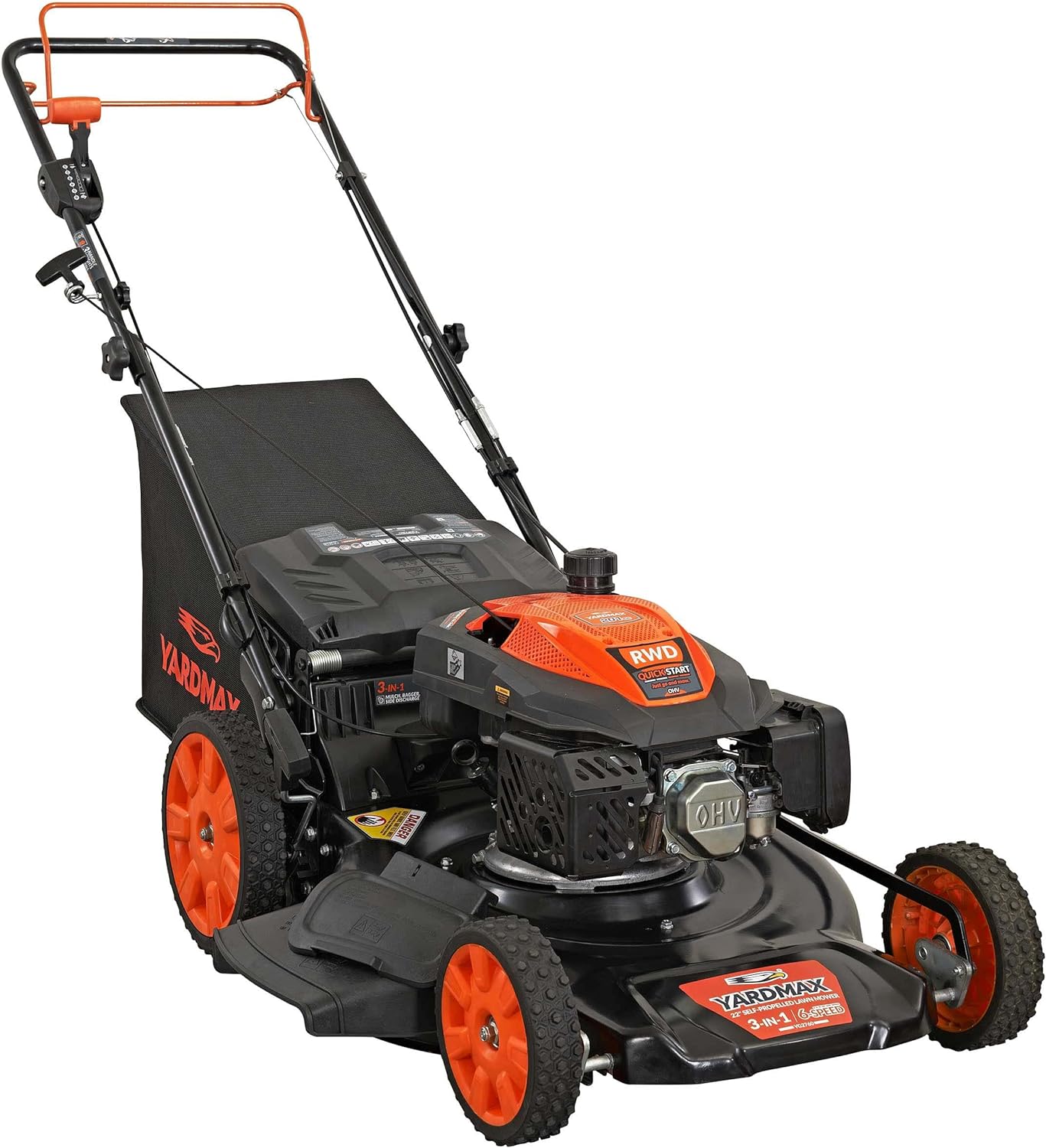 YARDMAX 22" 201cc Gas Self Propelled Lawn Mower, 6-Speed CVT, High Wheel, Black
