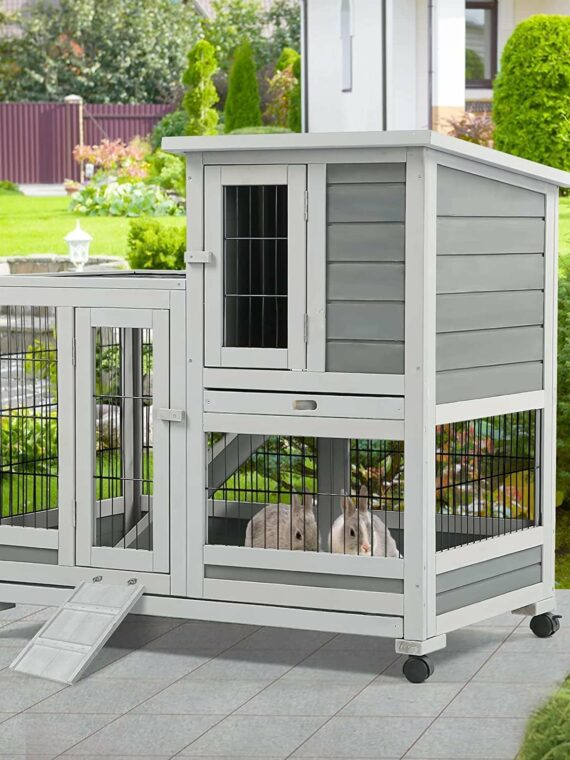 YODOLLA Indoor Rabbit Hutch with Wheels, Removable Trays, Nesting Box & Ramp for Small Animals