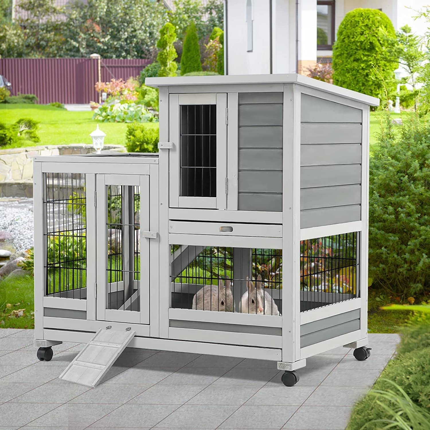 YODOLLA Indoor Rabbit Hutch with Wheels, Removable Trays, Nesting Box & Ramp for Small Animals