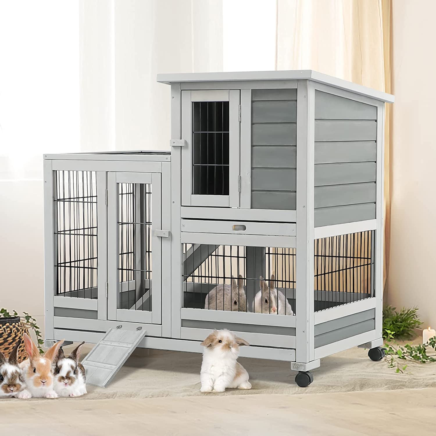 YODOLLA Indoor Rabbit Hutch with Wheels, Removable Trays, Nesting Box & Ramp for Small Animals