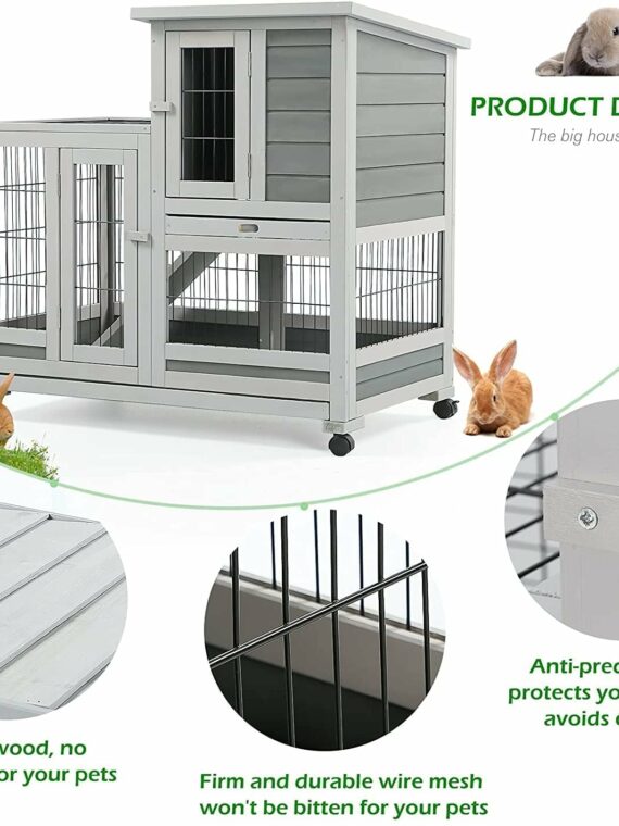 YODOLLA Indoor Rabbit Hutch with Wheels, Removable Trays, Nesting Box & Ramp for Small Animals