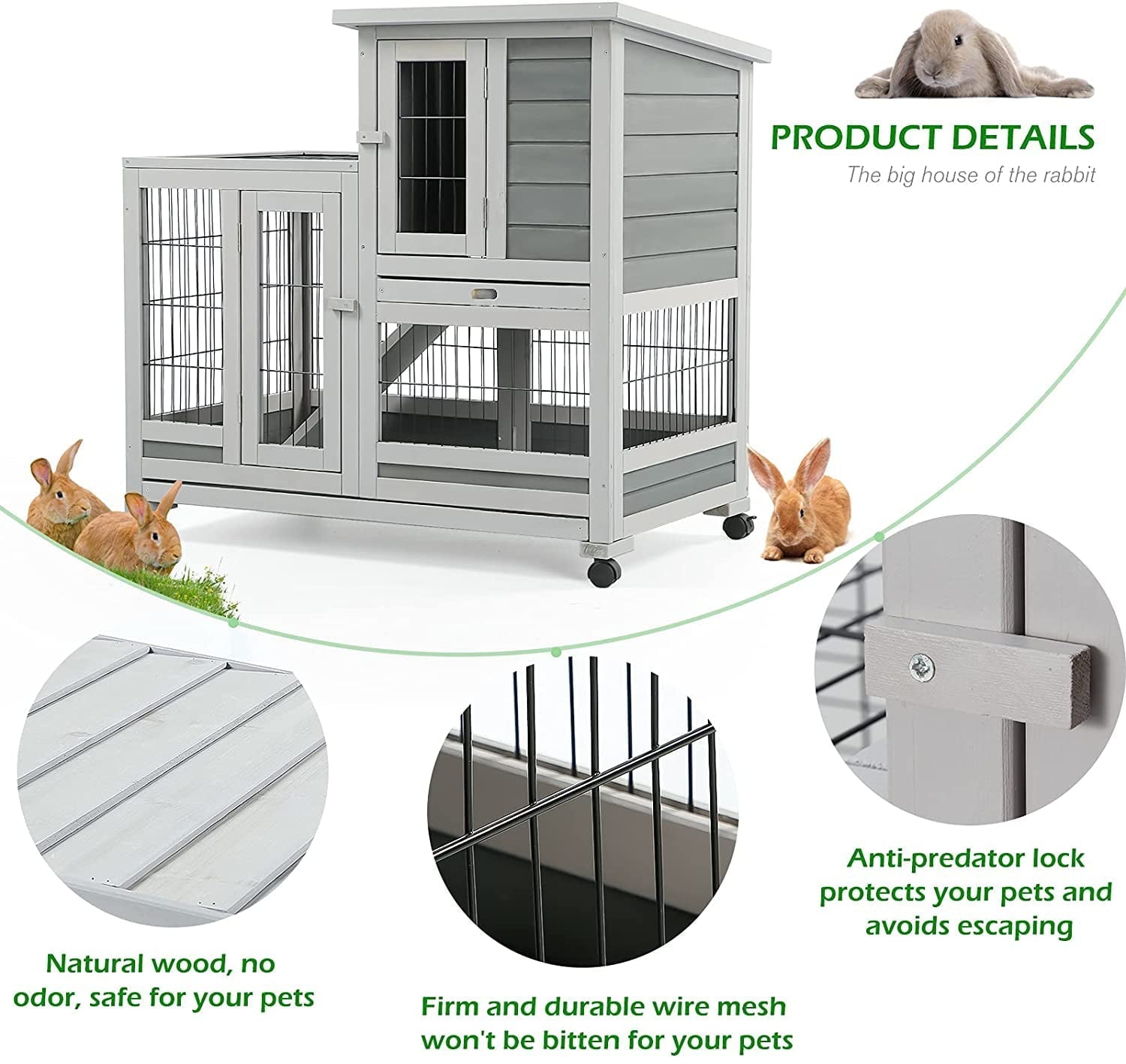YODOLLA Indoor Rabbit Hutch with Wheels, Removable Trays, Nesting Box & Ramp for Small Animals