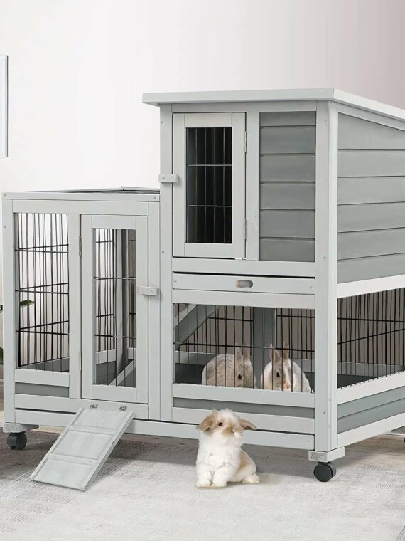 YODOLLA Indoor Rabbit Hutch with Wheels, Removable Trays, Nesting Box & Ramp for Small Animals