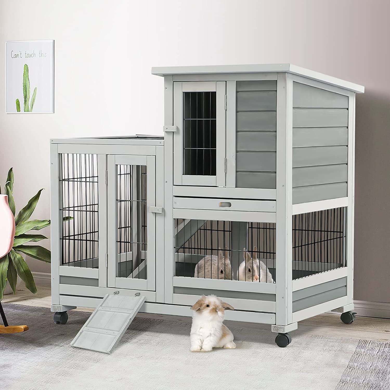 YODOLLA Indoor Rabbit Hutch with Wheels, Removable Trays, Nesting Box & Ramp for Small Animals