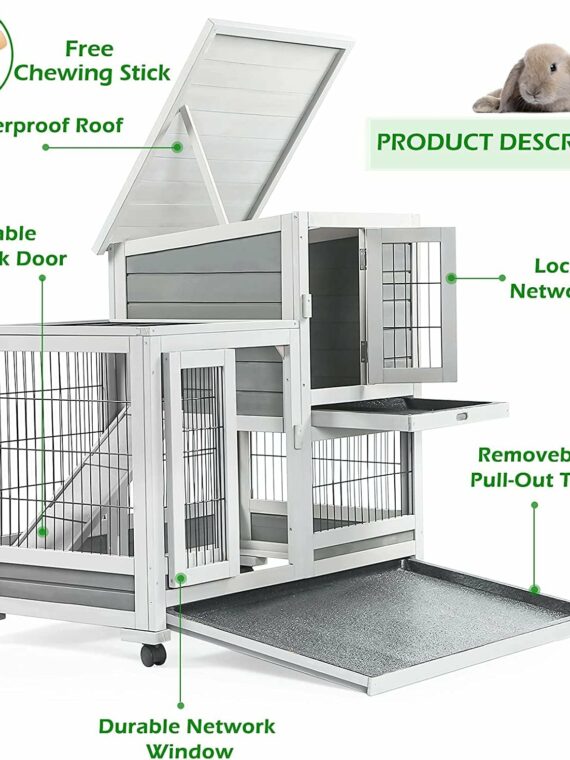 YODOLLA Indoor Rabbit Hutch with Wheels, Removable Trays, Nesting Box & Ramp for Small Animals
