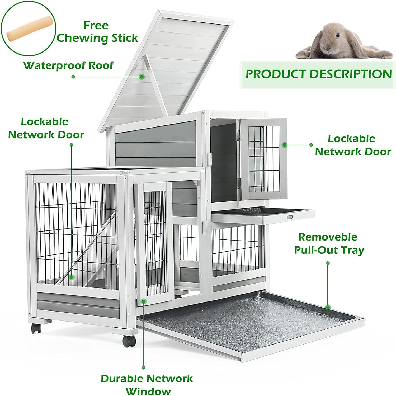 YODOLLA Indoor Rabbit Hutch with Wheels, Removable Trays, Nesting Box & Ramp for Small Animals