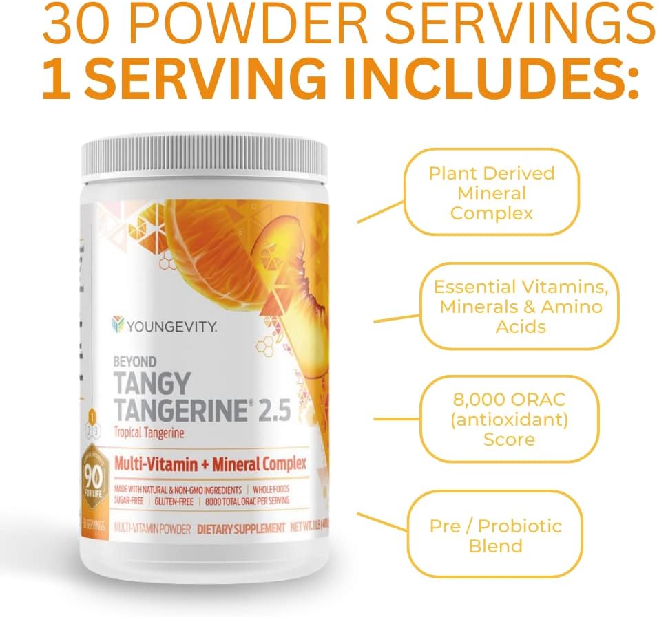 Youngevity Beyond Tangy Tangerine 2.5 Powder, Tropical Tangerine Flavor, Gluten-Free Multi-Vitamin & Mineral Complex, 8,000 ORAC, 30 Servings